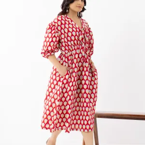 Bold Red Ethnic Printed Gathered Midi Dress