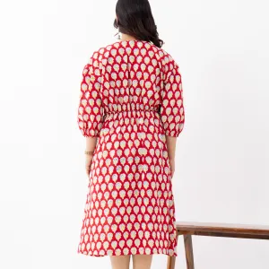 Bold Red Ethnic Printed Gathered Midi Dress