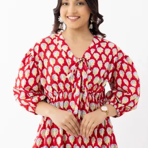 Bold Red Ethnic Printed Gathered Midi Dress