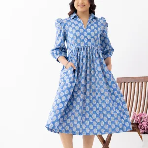 Elegant Blue Ethnic Printed Midi Dress with Drawstring Waist
