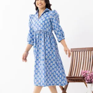 Elegant Blue Ethnic Printed Midi Dress with Drawstring Waist