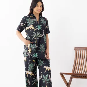 Black Jungle Print Cotton Co-ord Nightwear Set for Women