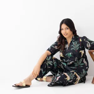 Black Jungle Print Cotton Co-ord Nightwear Set for Women
