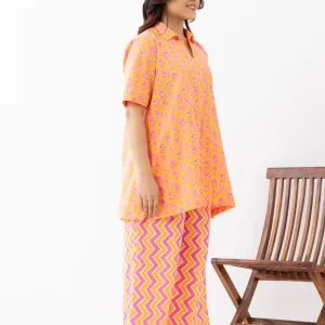 Bright Orange & Pink Printed Cotton Nightwear Co-ord Set