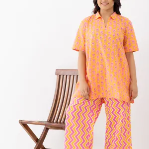 Bright Orange & Pink Printed Cotton Nightwear Co-ord Set