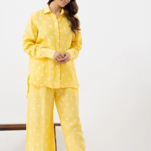 Women's Yellow Floral Cotton Co-ord Set (Full-Length Pants)