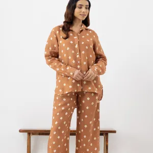 Women's Brown Floral Cotton Co-ord Set (Full-Length Pants)