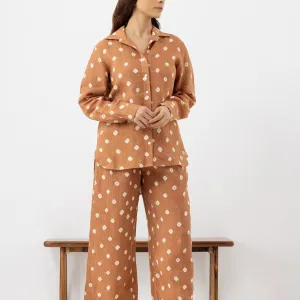 Women's Brown Floral Cotton Co-ord Set (Full-Length Pants)