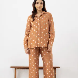 Women's Brown Floral Cotton Co-ord Set (Full-Length Pants)