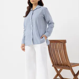 Women’s Blue Optical Stripe Linen Shirt