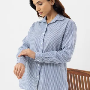Women’s Blue Optical Stripe Linen Shirt
