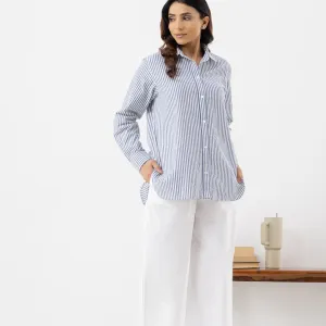 Women’s Abstract Striped Blue Linen Shir...