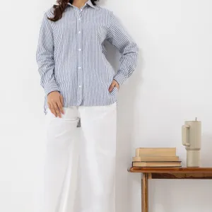 Women’s Abstract Striped Blue Linen Shirt