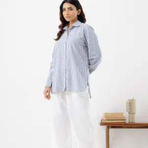 Women’s Abstract Striped Blue Linen Shirt
