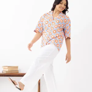 Women's Retro Floral Cotton Shirt – Orange & Blue