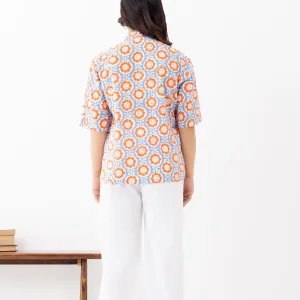 Women's Retro Floral Cotton Shirt – Orange & Blue