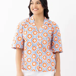Women's Retro Floral Cotton Shirt – Orange & Blue