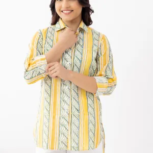 Women's Yellow & White Striped Cotton Shirt