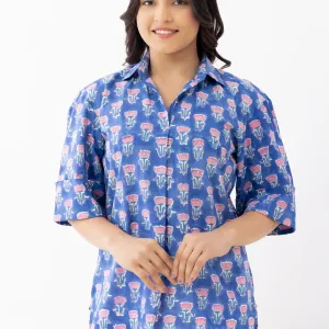 Women's Blue Printed Cotton Shirt – Back Pleat Detail