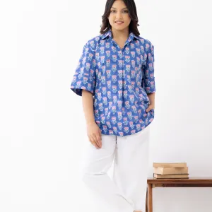 Women's Blue Printed Cotton Shirt – Back Pleat Detail