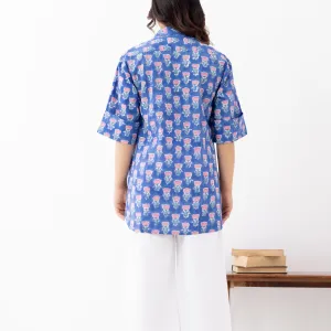 Women's Blue Printed Cotton Shirt – Back Pleat Detail
