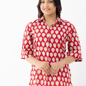 Women's Red Handblock Print Cotton Shirt