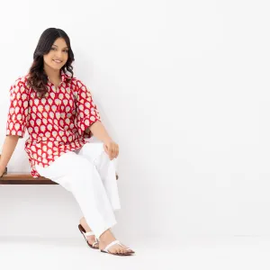 Women's Red Handblock Print Cotton Shirt