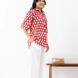 Women's Red Handblock Print Cotton Shirt