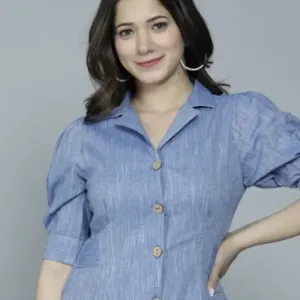 Casual Puff Sleeves Self Design Women Bl...