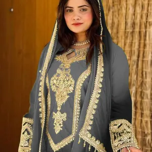 Grey Ombre Pattern Chinon Straight Suit for Women