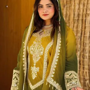 Yellow Ombre Pattern Chinon Straight Suit for Women