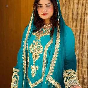 Sky Blue Ombre Pattern Chinon Straight Suit for Women