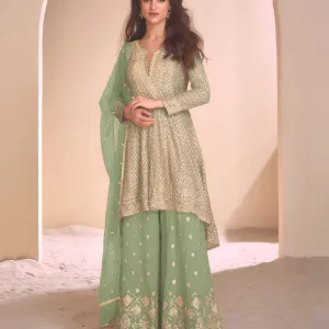 Pista Green Heavy Embroidered Georgette...