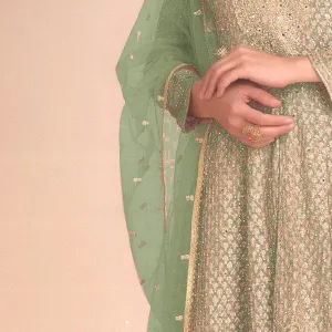 Pista Green Heavy Embroidered Georgette Peplum Suit