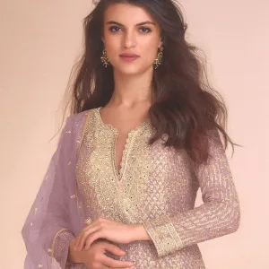 Pink Heavy Embroidered Georgette Peplum Suit for Women