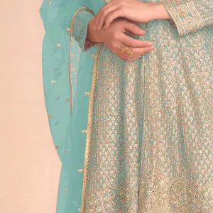 Baby Blue Heavy Embroidered Georgette Peplum Suit for Women