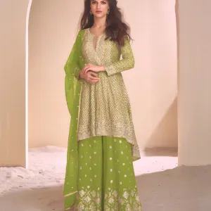 Green Designer Heavy Embroidered Georget...