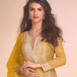 Yellow Heavy Embroidered Georgette Peplum Suit for Women