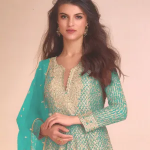 Sky Blue Heavy Embroidered Georgette Peplum Suit for Women