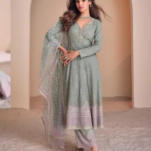 Green Heavy Embroidered Georgette Peplum...