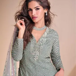Green Heavy Embroidered Georgette Peplum Suit for Women