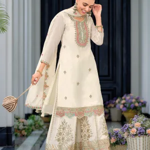 White Heavy Chinon Embroidered Palazzo S...