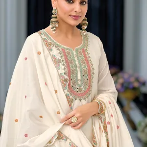 White Heavy Chinon Embroidered Palazzo Suit for Women