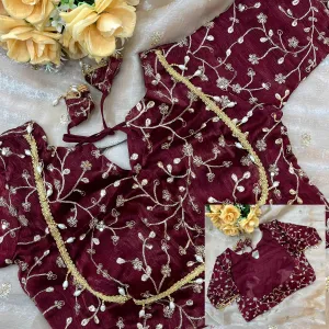 Beige Designer Chiffon Saree with Maroon Embroidered Blouse