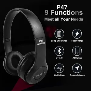 P47 Wireless Bluetooth Headphones | Deep Bass | Foldable Design | Built-in Mic | All-Day Comfort & Noise Isolation