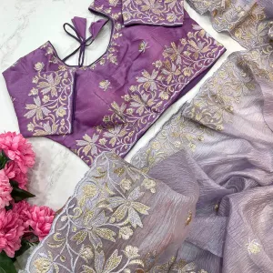 Lilac Candy Crush Silk Embroidery Saree with Designer Look