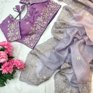 Lilac Candy Crush Silk Embroidery Saree with Designer Look