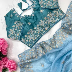 Sky Blue Candy Crush Silk Embroidery Saree with Rich Look
