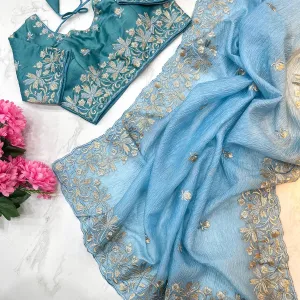 Sky Blue Candy Crush Silk Embroidery Saree with Rich Look