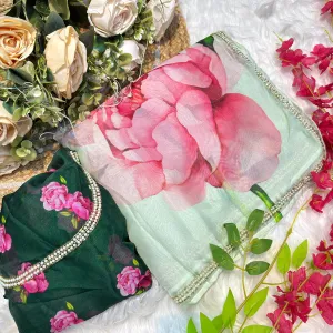 Pure Tabby Silk Green Floral Printed Sar...